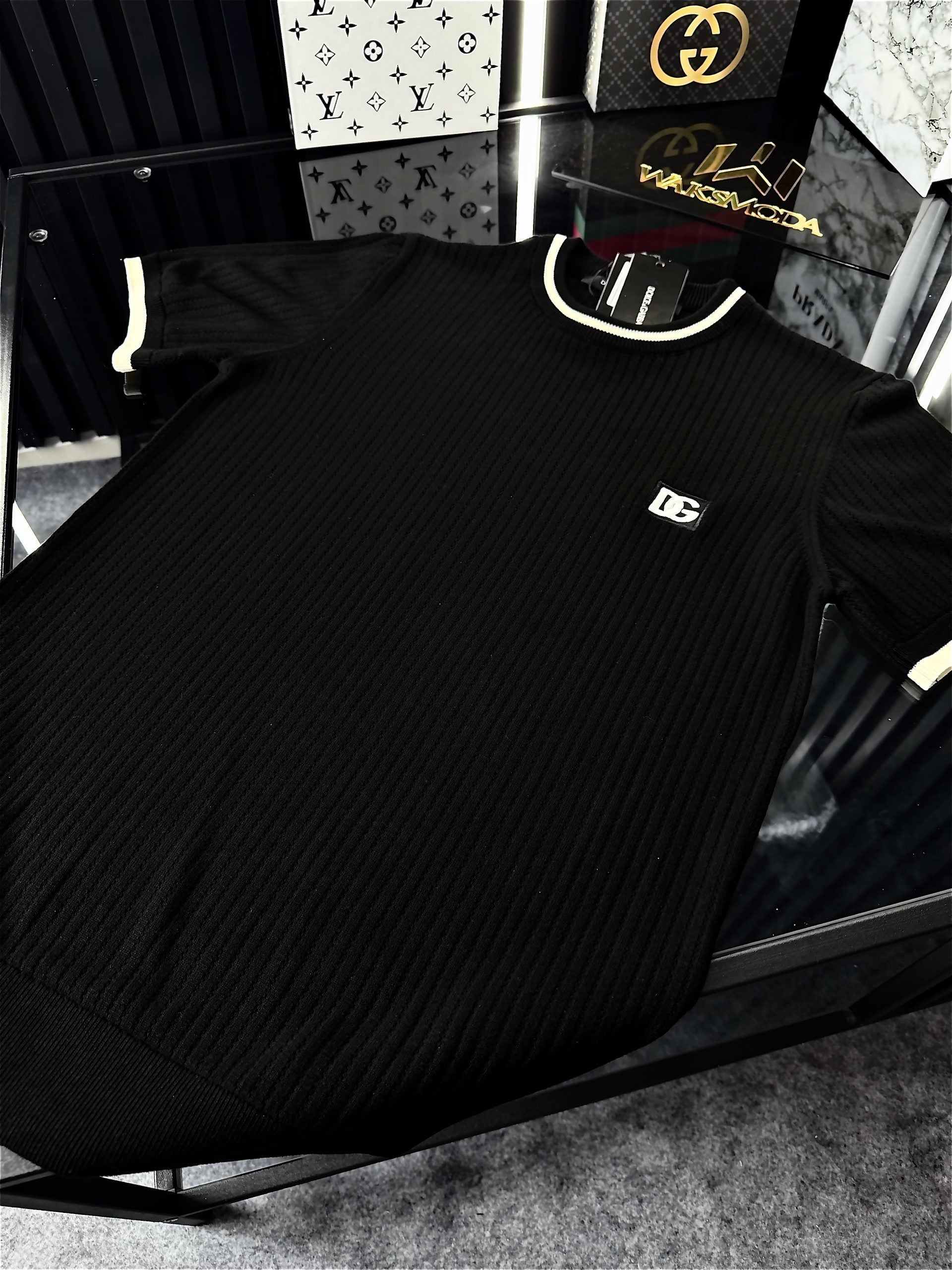 D&G Çizgili Örme Triko Tshirt /Siyah