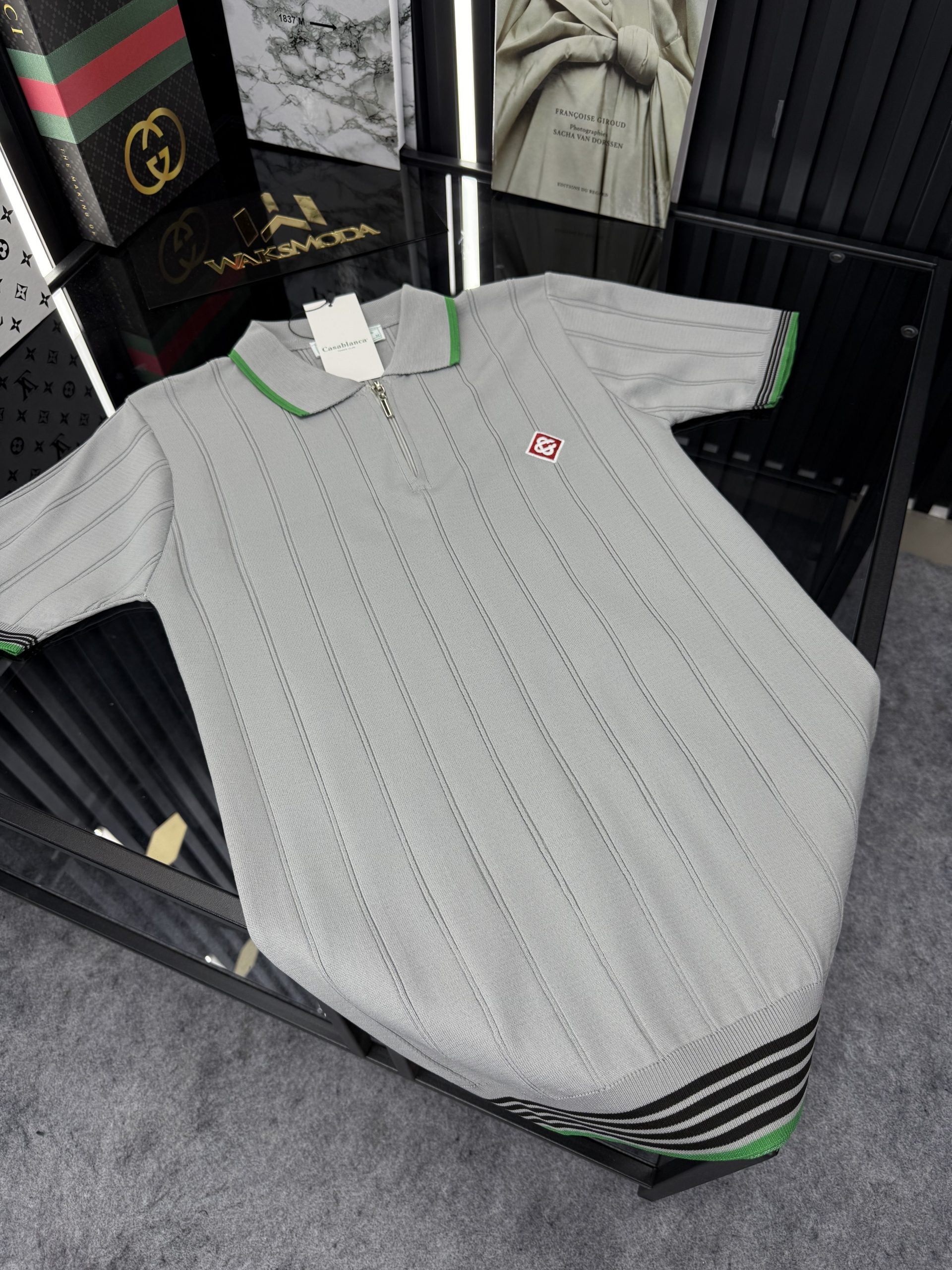 CSBLNC Polo Yaka Örme Triko Tshirt /Gri-Yeşil Şeritli