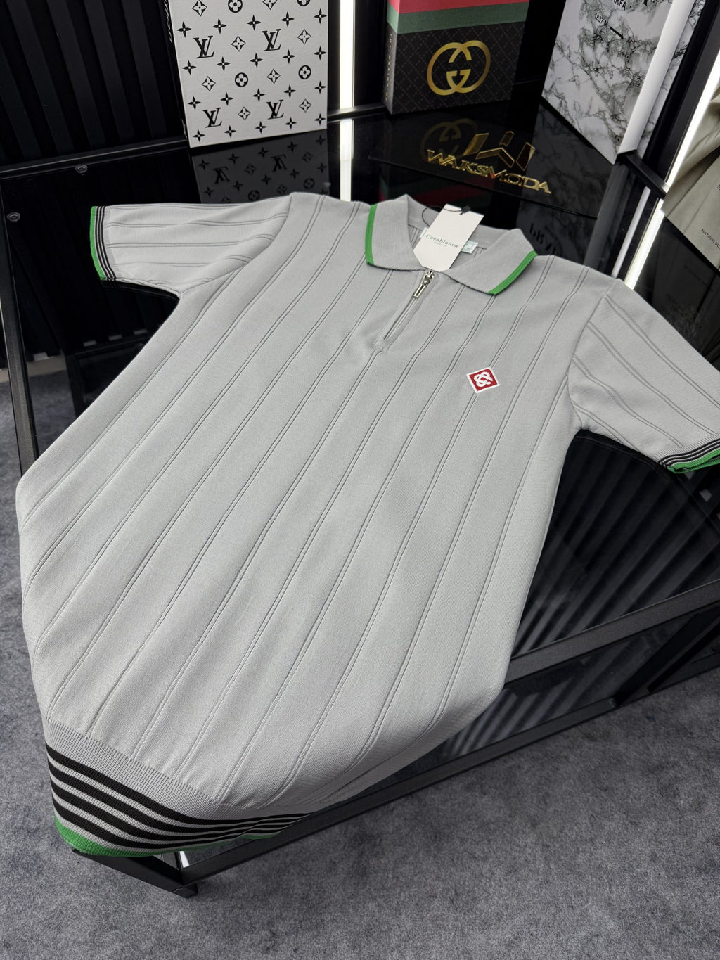 CSBLNC Polo Yaka Örme Triko Tshirt /Gri-Yeşil Şeritli