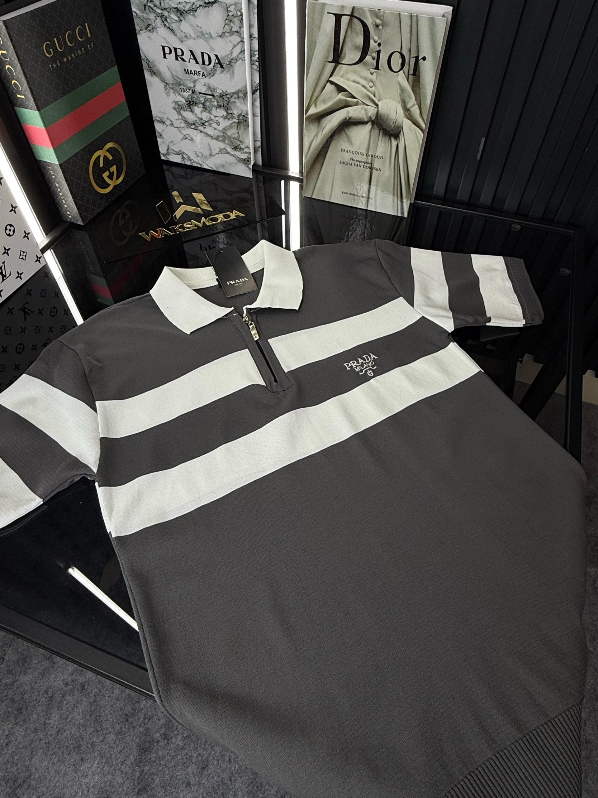 PRD Şeritli Polo Yaka Örme Triko Tshirt /Gri