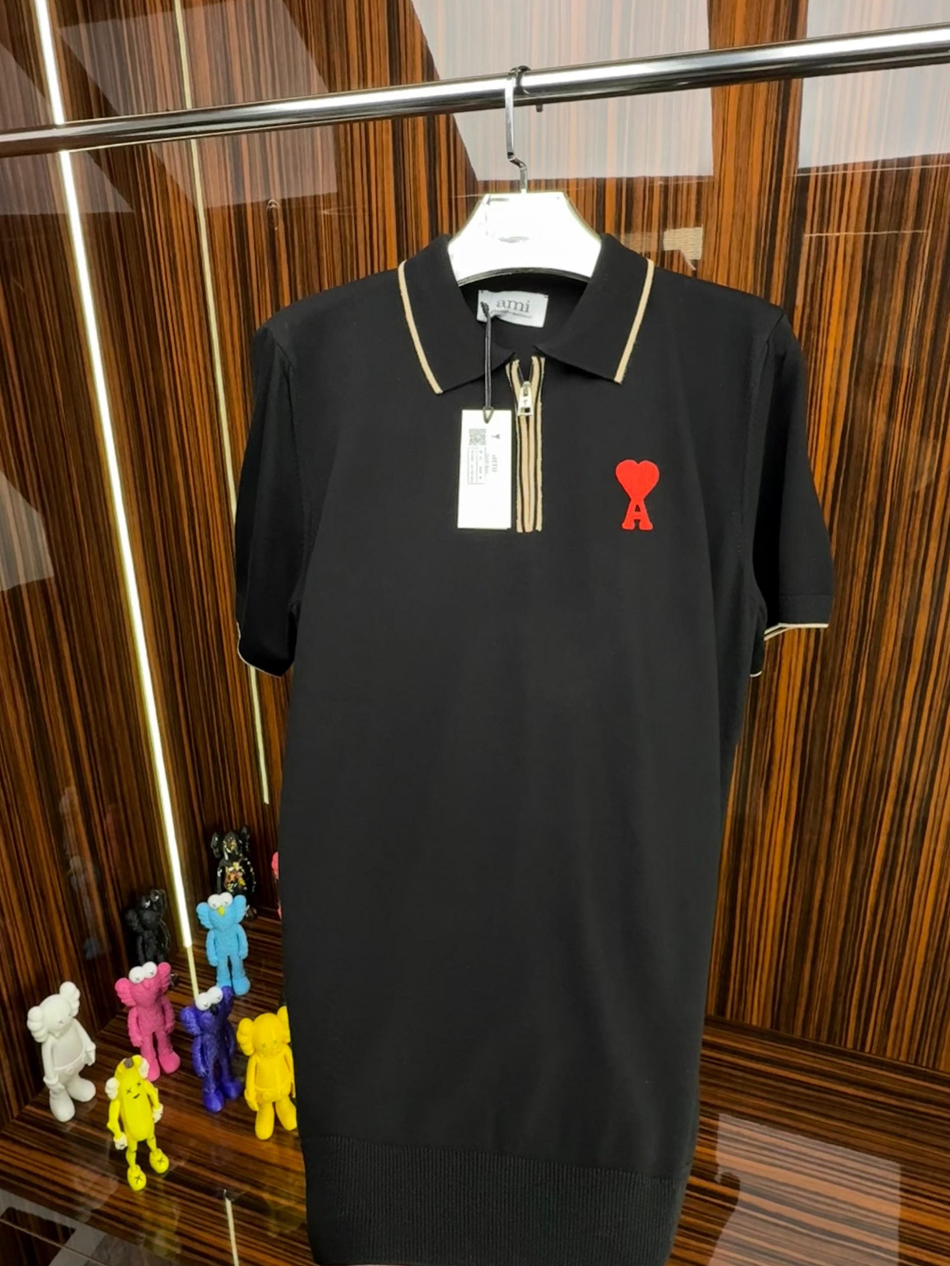 AMİ Örme Triko Fermuarlı Yakası Şeritli Tshirt /Siyah