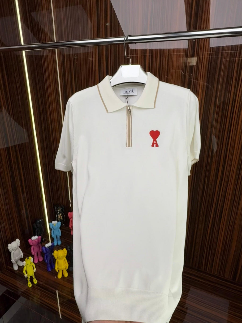 AMİ Örme Triko Fermuarlı Yakası Şeritli Tshirt /Beyaz