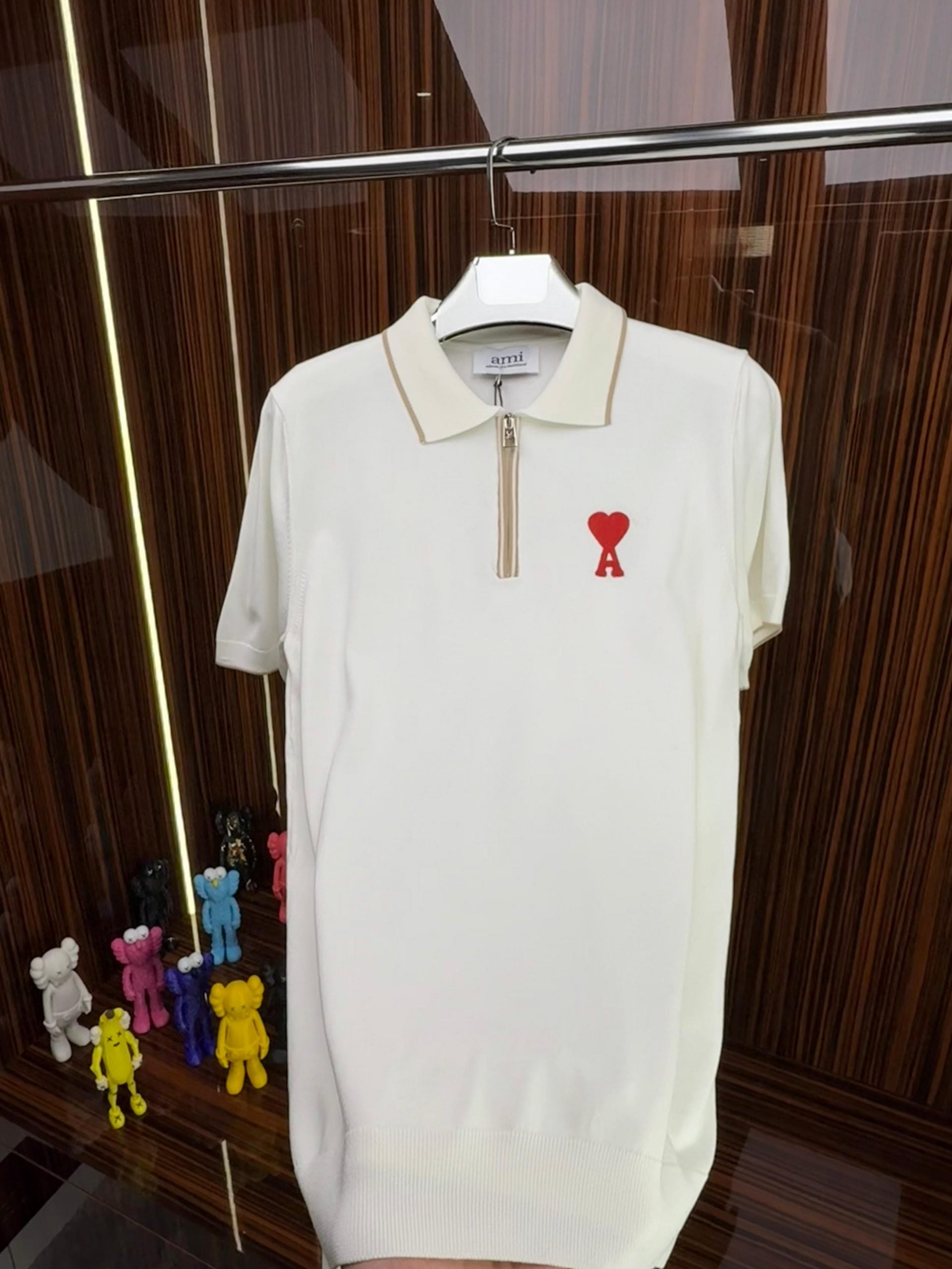 AMİ Örme Triko Fermuarlı Yakası Şeritli Tshirt /Beyaz